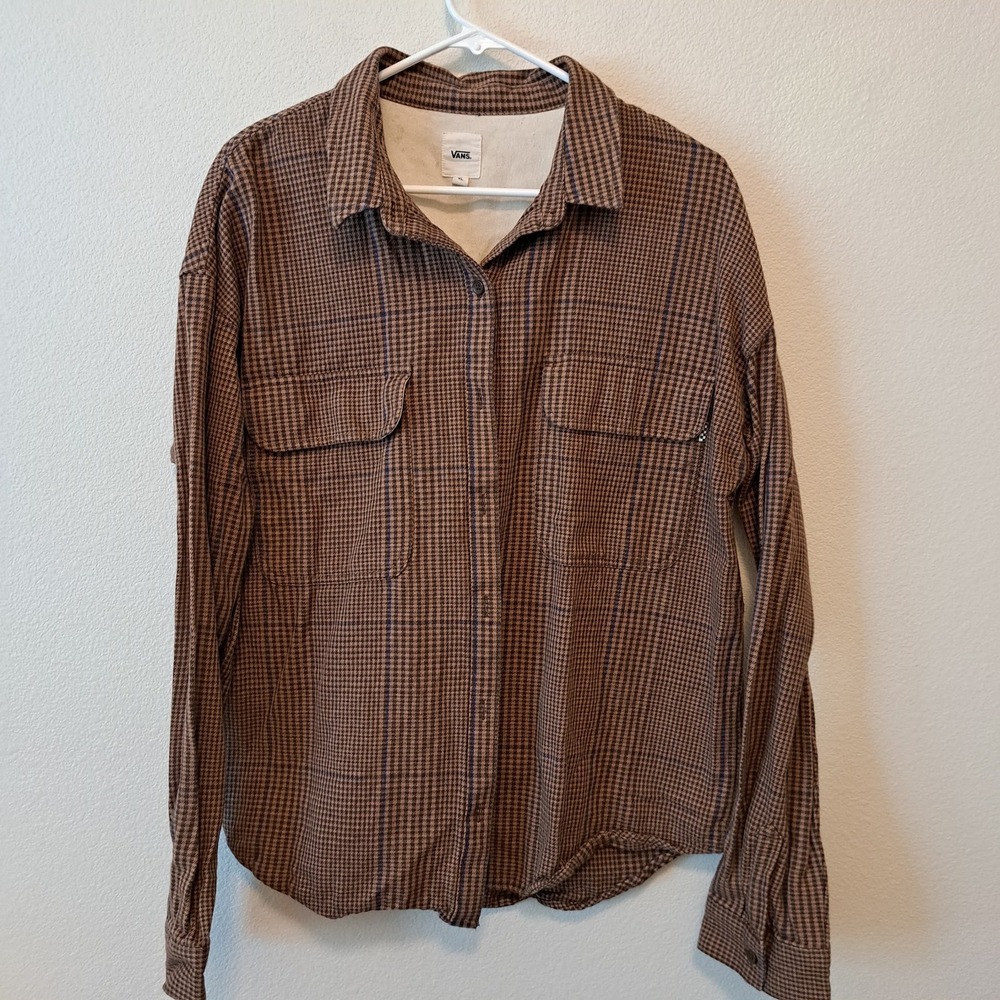 Vans Mens XL Brown Houndstooth Plaid Button Down Shirt Long Sleeve Cotton